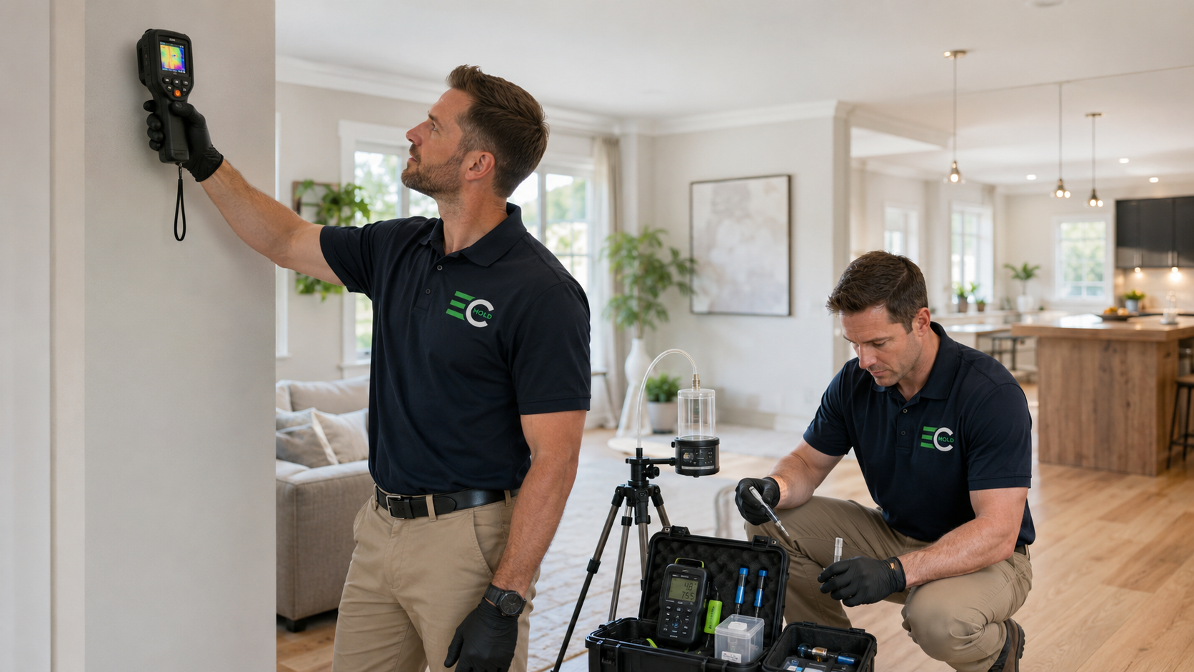 EnviroCheck Mold inspectors performing thermal imaging and air quality testing in a home